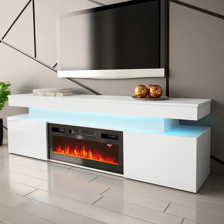 Mobile porta TV 190x59h cm 2 ante con caminetto elettrico con LED bianco Lumus