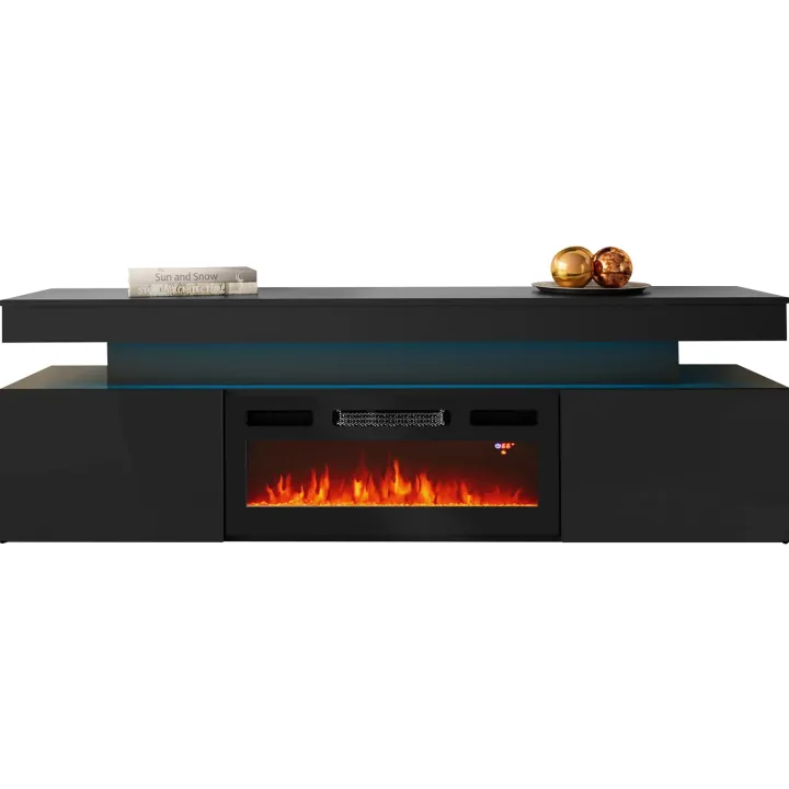 Mobile porta TV 190x59h cm 2 ante con caminetto elettrico con LED nero Lumus