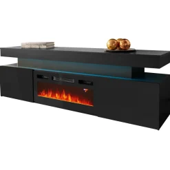 Mobile porta TV 190x59h cm 2 ante con caminetto elettrico con LED nero Lumus