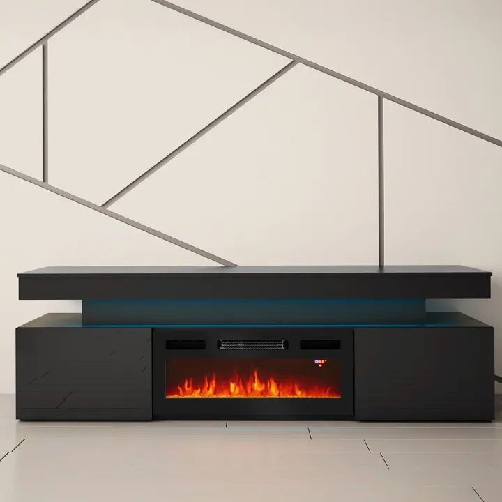 Mobile porta TV 190x59h cm 2 ante con caminetto elettrico con LED nero Lumus