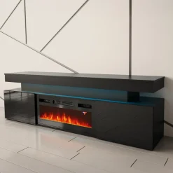 Mobile porta TV 190x59h cm 2 ante con caminetto elettrico con LED nero Lumus