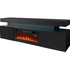 Mobile porta TV 190x59h cm 2 ante con caminetto elettrico con LED nero Lumus
