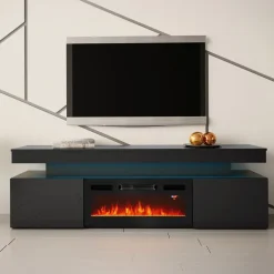 Mobile porta TV 190x59h cm 2 ante con caminetto elettrico con LED nero Lumus