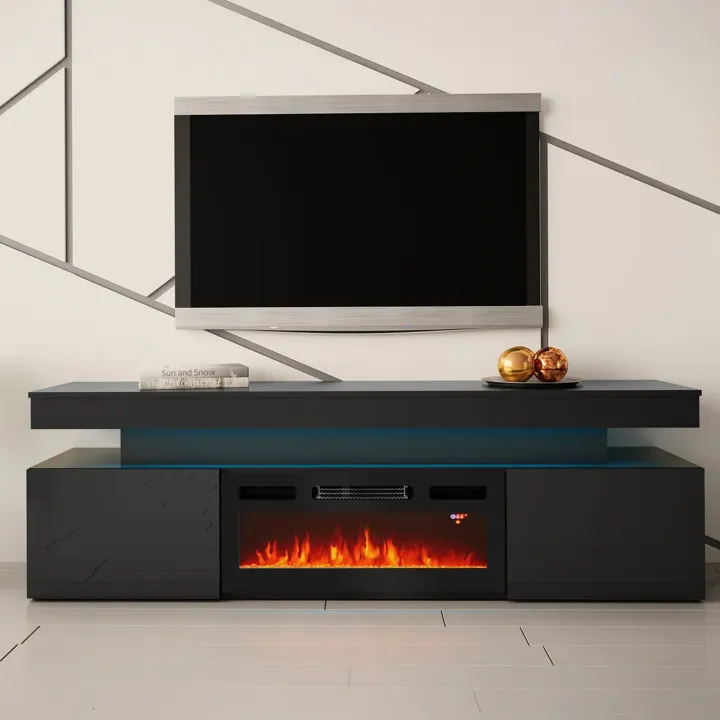 Mobile porta TV 190x59h cm 2 ante con caminetto elettrico con LED nero Lumus