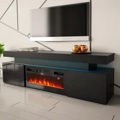 Mobile porta TV 190x59h cm 2 ante con caminetto elettrico con LED nero Lumus