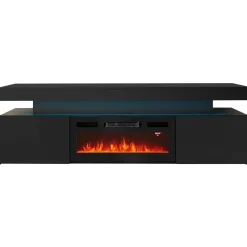 Mobile porta TV 190x59h cm 2 ante con caminetto elettrico con LED nero Lumus