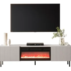 Mobile porta TV 181x53h cm 2 ante con caminetto elettrico con frontali cannettati beige Ziggy