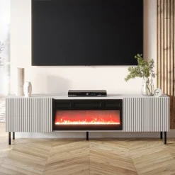 Mobile porta TV 181x53h cm 2 ante con caminetto elettrico con frontali cannettati beige Ziggy