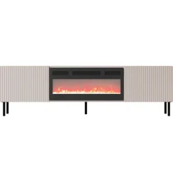 Mobile porta TV 181x53h cm 2 ante con caminetto elettrico con frontali cannettati beige Ziggy