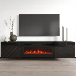 Mobile porta tv 183x38h cm 2 ante con camino elettrico nero lucido Armando