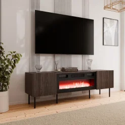 Mobile porta TV 181x58h cm 2 ante con elettrico caminetto noce cannettato Gabiot