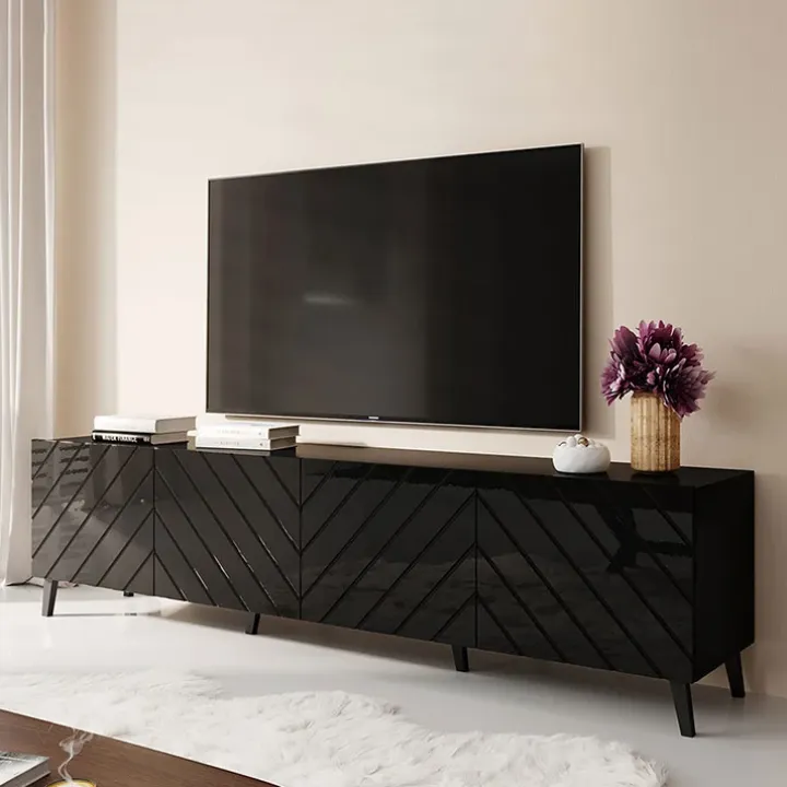 Mobile porta TV 200x52h cm 4 ante con frontale decorato nero lucido Placida