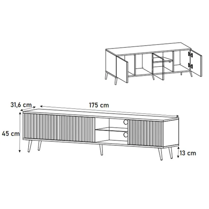 Mobile porta TV 175x45h cm 3 ante e vani a giorno nero Celestia