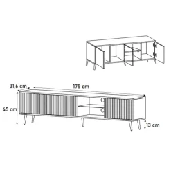 Mobile porta TV 175x45h cm 3 ante e vano a giorno bianco cannettato oro Celestia