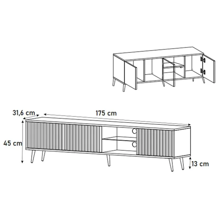 Mobile porta TV 175x45h cm 3 ante e vano a giorno bianco cannettato oro Celestia