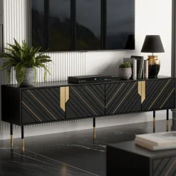 Mobile porta tv 204x55h cm 4 ante moderno nero oro Golden