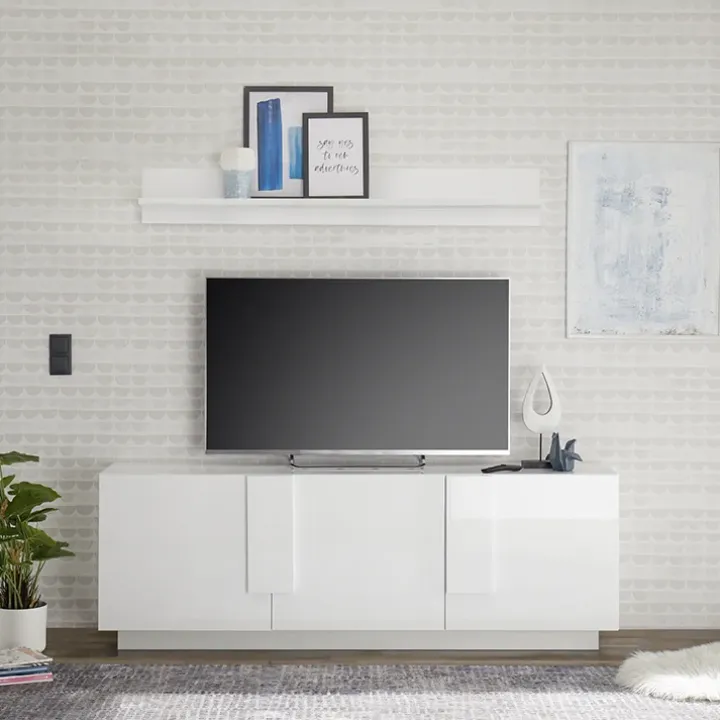 Mobile porta TV 182x63h cm 3 ante moderno bianco laccato lucido Alvarez