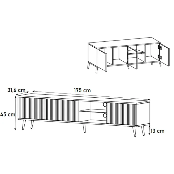 Mobile porta TV 175x45h cm 3 ante rovere cannettato nero Celestia