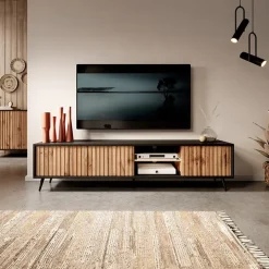 Mobile porta TV 175x45h cm 3 ante rovere cannettato nero Celestia