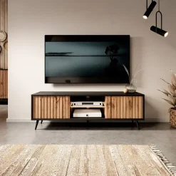 Mobile porta TV 135x45h cm 2 ante rovere cannettato nero Celestia
