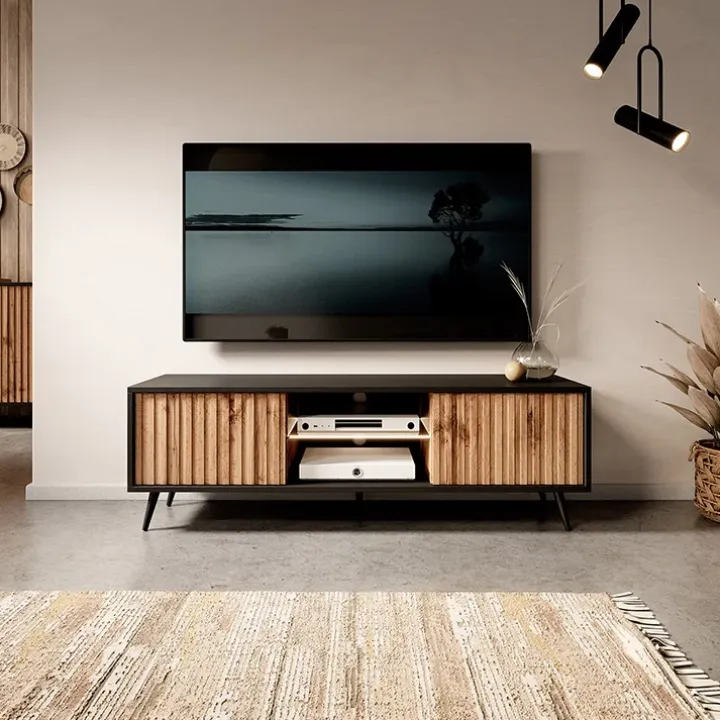 Mobile porta TV 135x45h cm 2 ante rovere cannettato nero Celestia