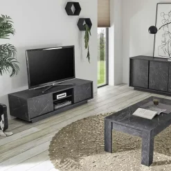 Mobile porta TV 139x44h cm 2 ante soggiorno effetto marmo nero Viking