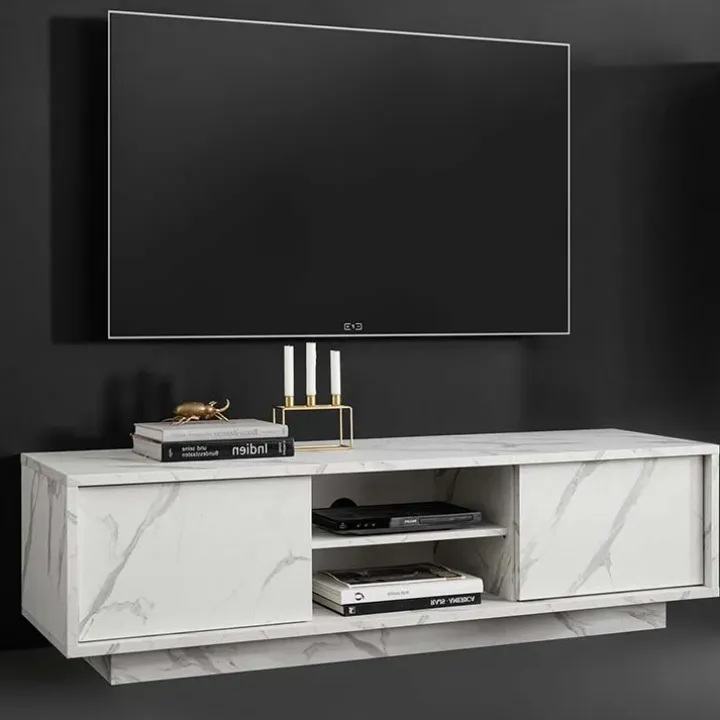 Mobile porta TV 139x44h cm 2 ante soggiorno effetto marmo bianco Viking
