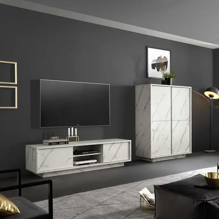 Mobile porta TV 139x44h cm 2 ante soggiorno effetto marmo bianco Viking