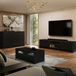 Mobile porta tv 180x40h cm 2 ante 2 vani a giorno cannettato nero Athena