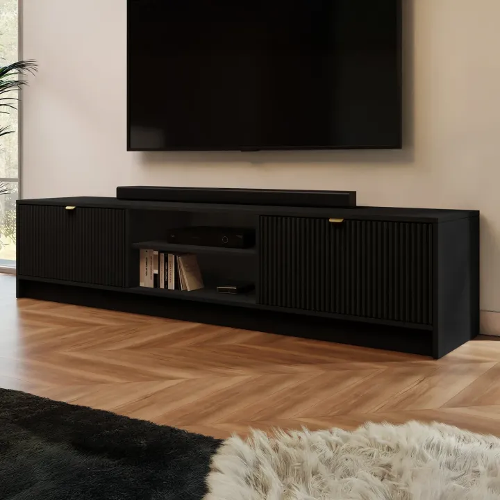 Mobile porta tv 180x40h cm 2 ante 2 vani a giorno cannettato nero Athena