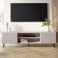 Mobile porta TV 181x53h cm 2 ante 2 vani con frontali cannettati beige Ziggy