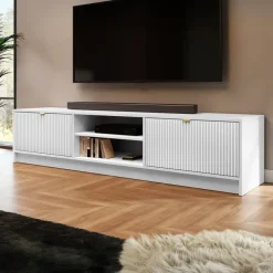 Mobile porta tv 180x40h cm 2 ante 2 vani a giorno cannettato bianco Athena