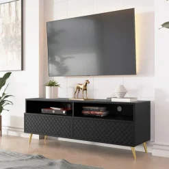 Mobile porta TV 150x57h cm 2 ante 2 vani con frontali decorati nero Simona