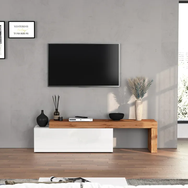 Mobile porta tv 220x51h cm bianco lucido rovere Block