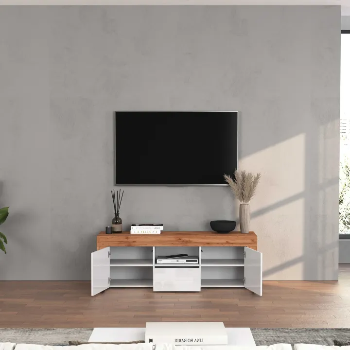 Mobile porta tv 155x51h cm bianco lucido rovere Block