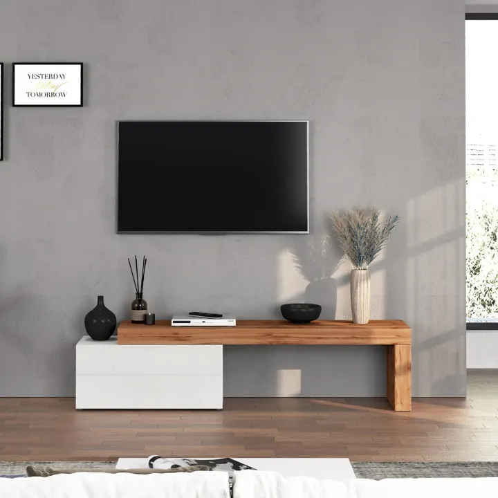Mobile porta tv 210x51h cm bianco lucido rovere Block