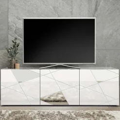 Mobile porta TV 181x57h cm bianco lucido specchio con serigrafia Olimpo