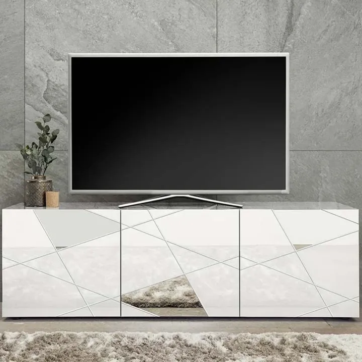 Mobile porta TV 181x57h cm bianco lucido specchio con serigrafia Olimpo