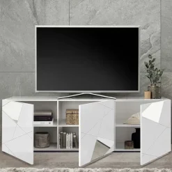 Mobile porta TV 181x57h cm bianco lucido specchio con serigrafia Olimpo