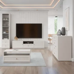 Mobile porta tv 180x44h cm cannettato 2 ante 1 cassetto beige cashmere Rolly