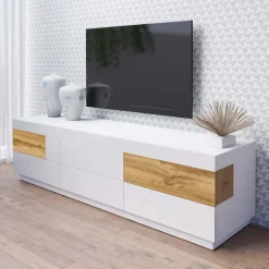Mobile porta TV 206x54h cm 6 cassetti bianco lucido rovere Bahama