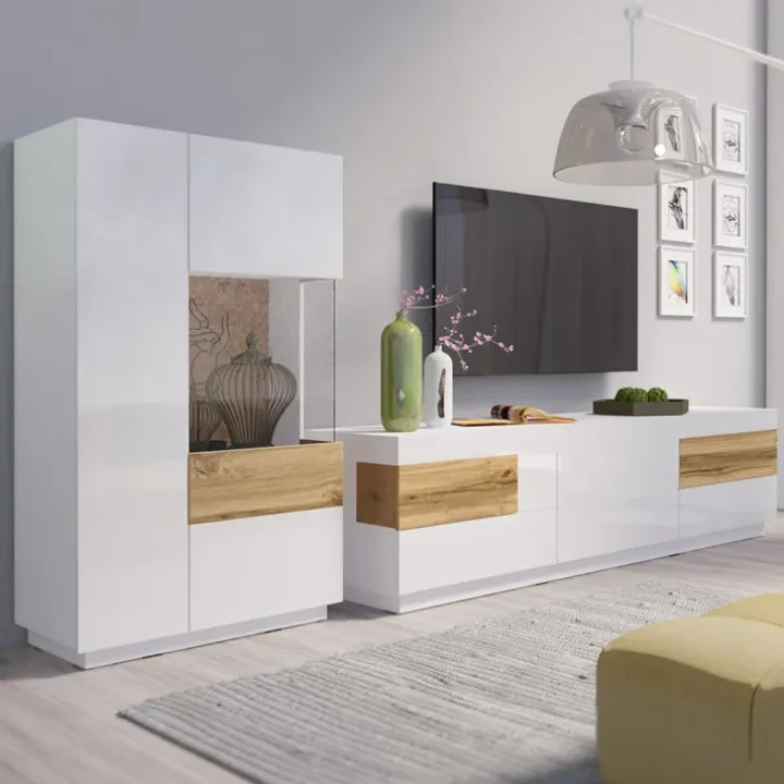 Mobile porta TV 206x54h cm 6 cassetti bianco lucido rovere Bahama