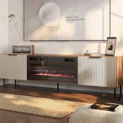 Mobile porta TV 181x53h cm con caminetto elettrico 2 ante beige cashmere noce Serenia