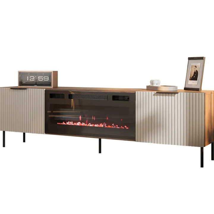 Mobile porta TV 181x53h cm con caminetto elettrico 2 ante beige cashmere noce Serenia