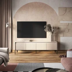 Mobile porta TV 193x56h cm con LED 4 ante cannettato beige nero Camelia