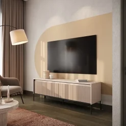 Mobile porta TV 193x56h cm con LED 4 ante cannettato beige nero Camelia