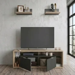 Mobile porta TV 160x56h cm con 2 mensole cannettato rovere nero Savona