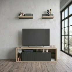 Mobile porta TV 160x56h cm con 2 mensole cannettato rovere nero Savona
