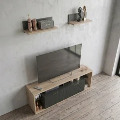 Mobile porta TV 160x56h cm con 2 mensole cannettato rovere nero Savona