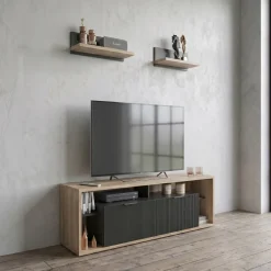 Mobile porta TV 160x56h cm con 2 mensole cannettato rovere nero Savona